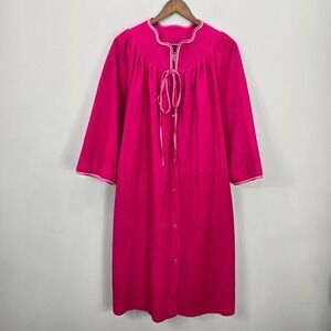 VTG‎ Evelyn Pearson Housecoat L Pink Robe Duster Snap Button Tie Neck 3/4 Sleeve